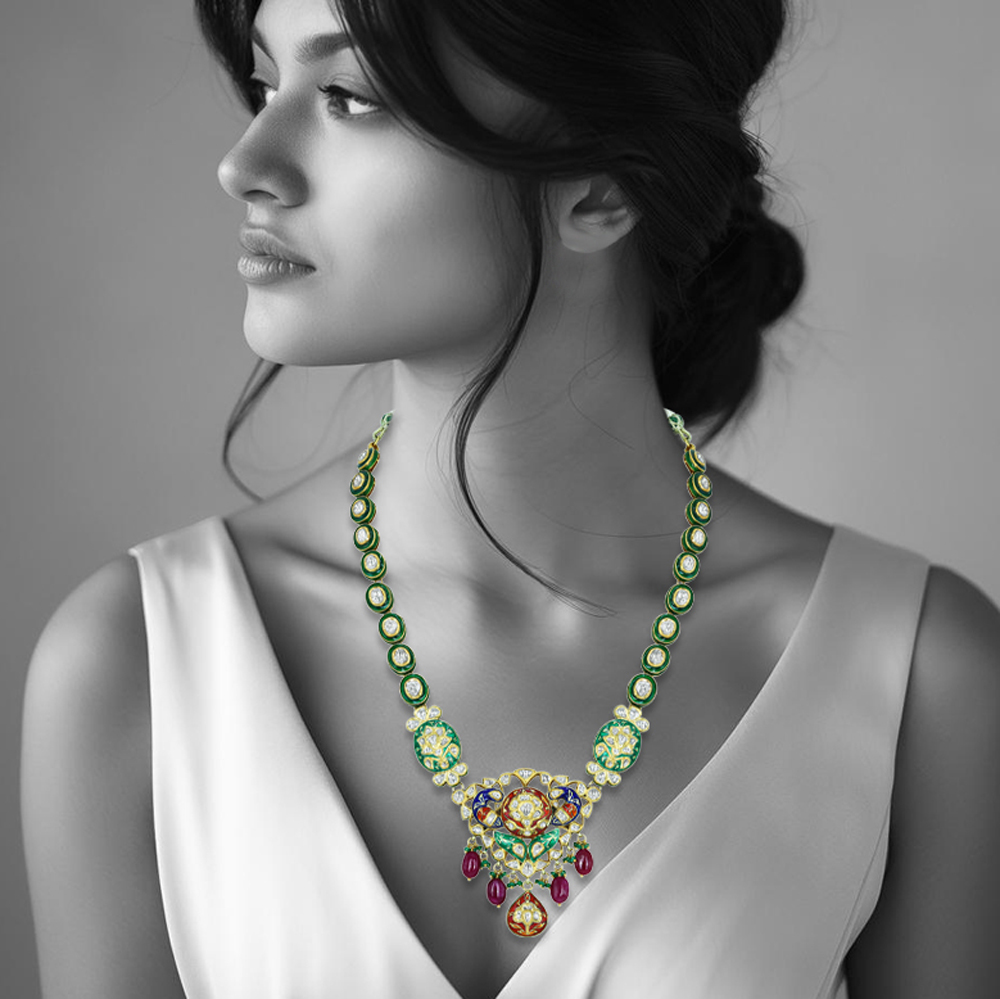 Enamel Necklace with Green-Red Accents, Pearls, and Gemstones